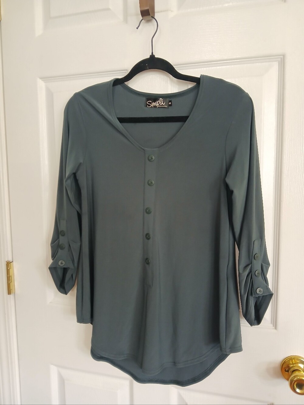 Sympli Women's Sage Green Roll-Tab Sleeve Top Boho Casual Office Career Business